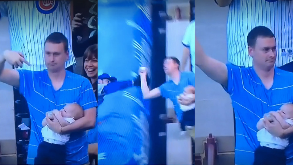 Smooth dad catches foul ball barehanded while feeding baby